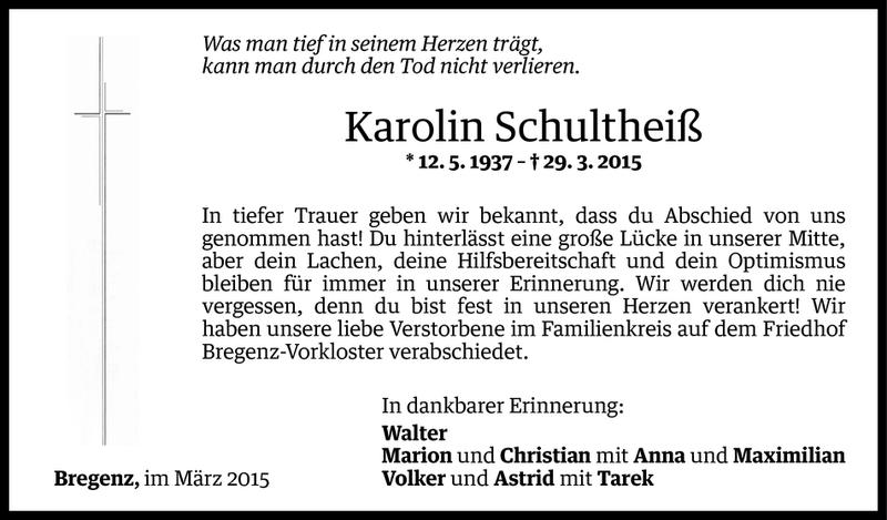  Todesanzeige für Karolin Schultheiß vom 04.04.2015 aus Vorarlberger Nachrichten