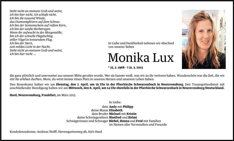  Todesanzeige für Monika Lux vom 02.04.2015 aus Vorarlberger Nachrichten