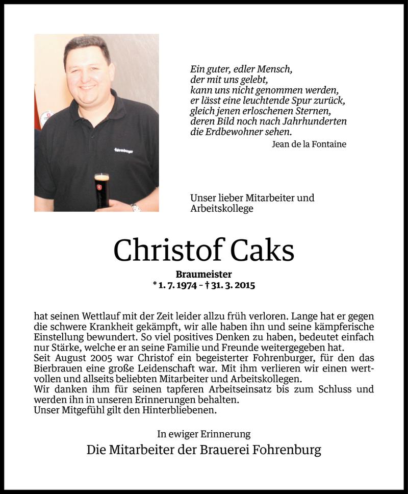  Todesanzeige für Christof Caks vom 07.04.2015 aus Vorarlberger Nachrichten