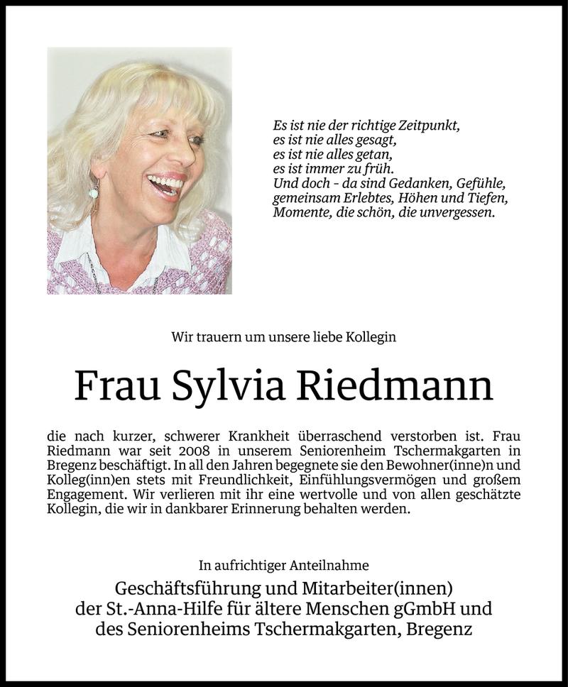  Todesanzeige für Sylvia Riedmann vom 07.04.2015 aus Vorarlberger Nachrichten