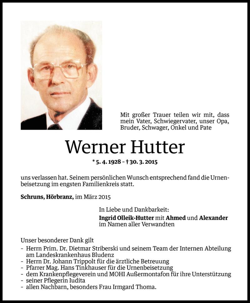  Todesanzeige für Werner Hutter vom 04.04.2015 aus Vorarlberger Nachrichten