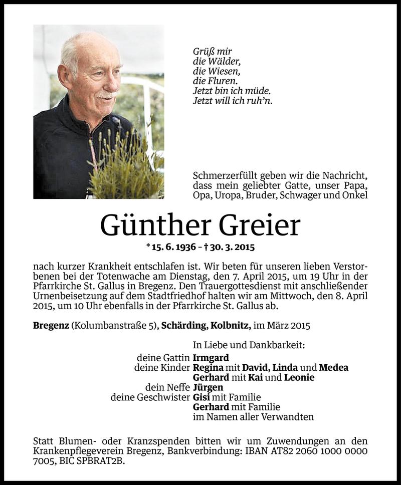  Todesanzeige für Günther Greier vom 03.04.2015 aus Vorarlberger Nachrichten