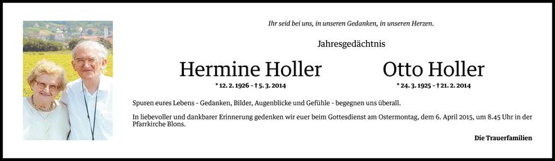  Todesanzeige für Hermine und Otto Holler vom 03.04.2015 aus Vorarlberger Nachrichten