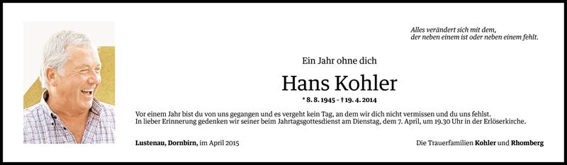  Todesanzeige für Hans Kohler vom 03.04.2015 aus Vorarlberger Nachrichten