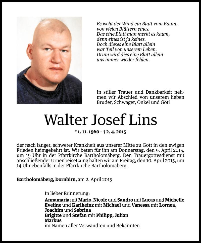  Todesanzeige für Walter Josef Lins vom 03.04.2015 aus Vorarlberger Nachrichten
