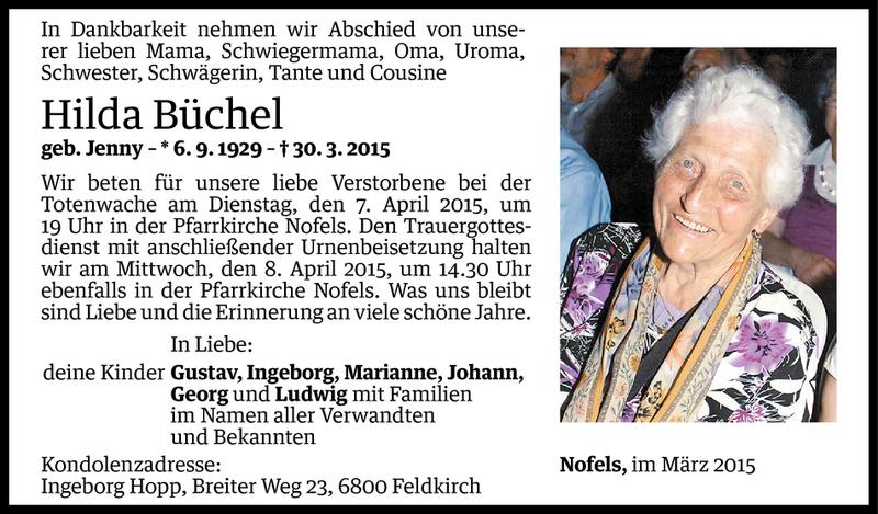  Todesanzeige für Hilda Büchel vom 03.04.2015 aus Vorarlberger Nachrichten