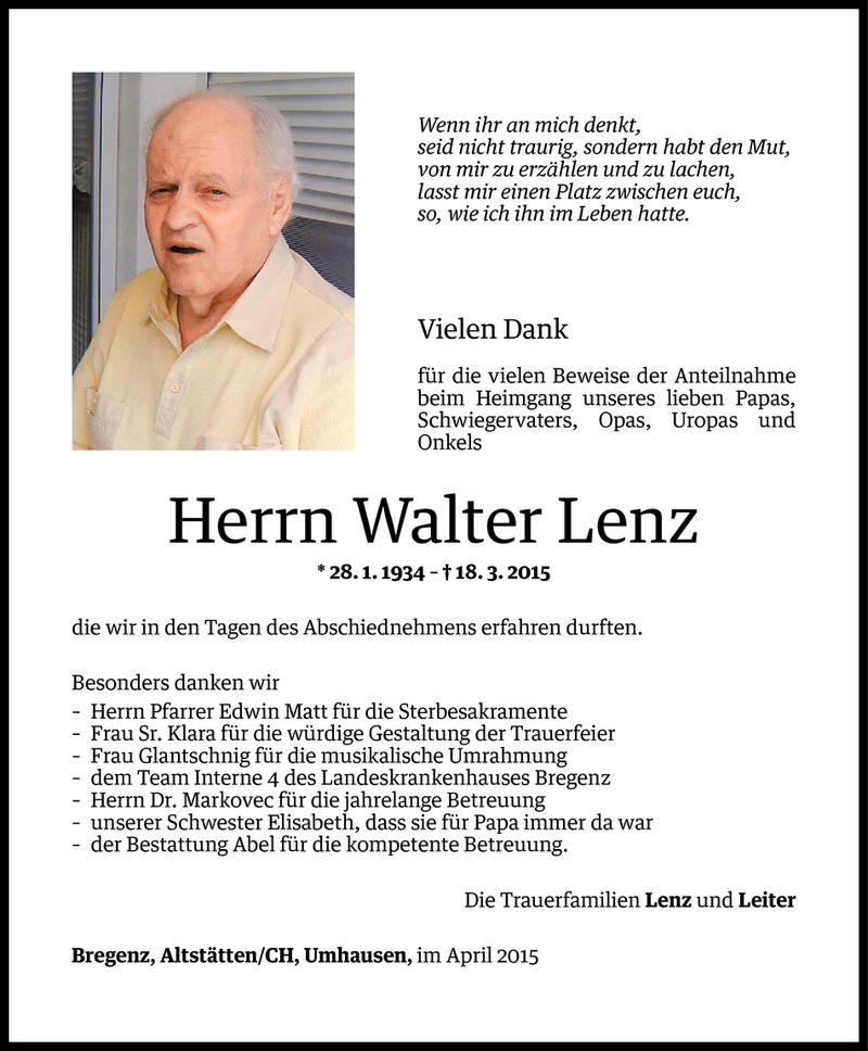  Todesanzeige für Walter Lenz vom 03.04.2015 aus Vorarlberger Nachrichten