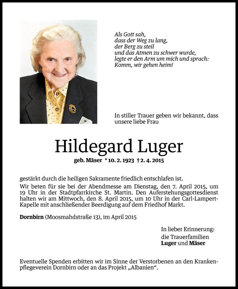  Todesanzeige für Hildegard Luger vom 03.04.2015 aus Vorarlberger Nachrichten