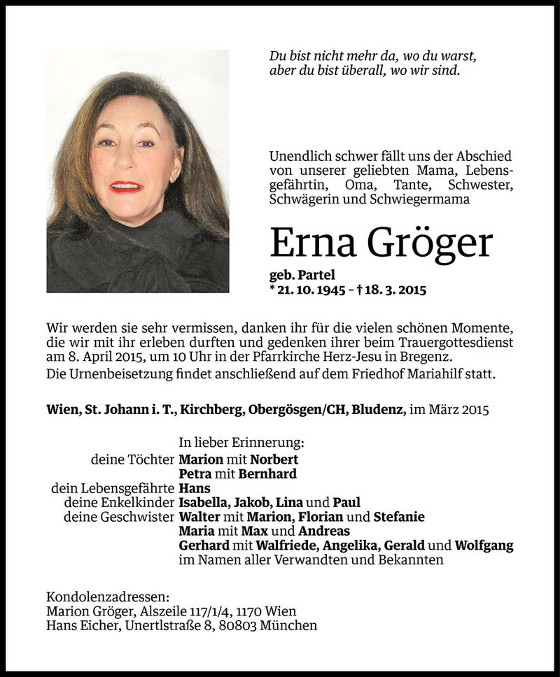  Todesanzeige für Erna Gröger vom 03.04.2015 aus Vorarlberger Nachrichten