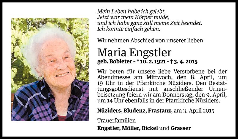  Todesanzeige für Maria Engstler vom 06.04.2015 aus Vorarlberger Nachrichten