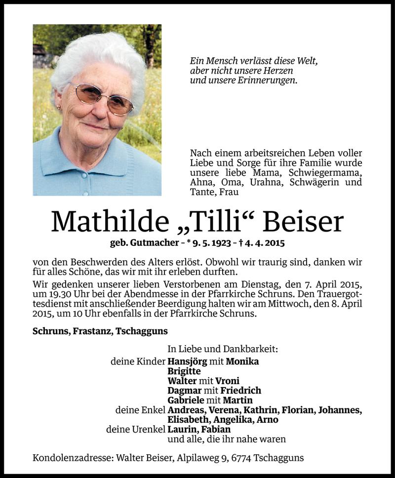  Todesanzeige für Mathilde Beiser vom 06.04.2015 aus Vorarlberger Nachrichten