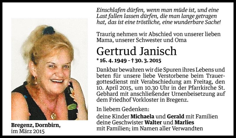  Todesanzeige für Gertrud Janisch vom 07.04.2015 aus Vorarlberger Nachrichten