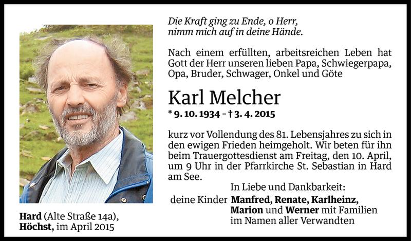  Todesanzeige für Karl Melcher vom 07.04.2015 aus Vorarlberger Nachrichten