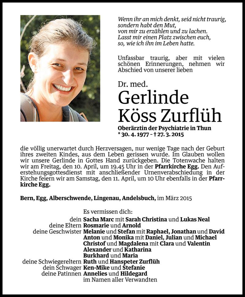  Todesanzeige für Gerlinde Köss Zurflüh vom 08.04.2015 aus Vorarlberger Nachrichten