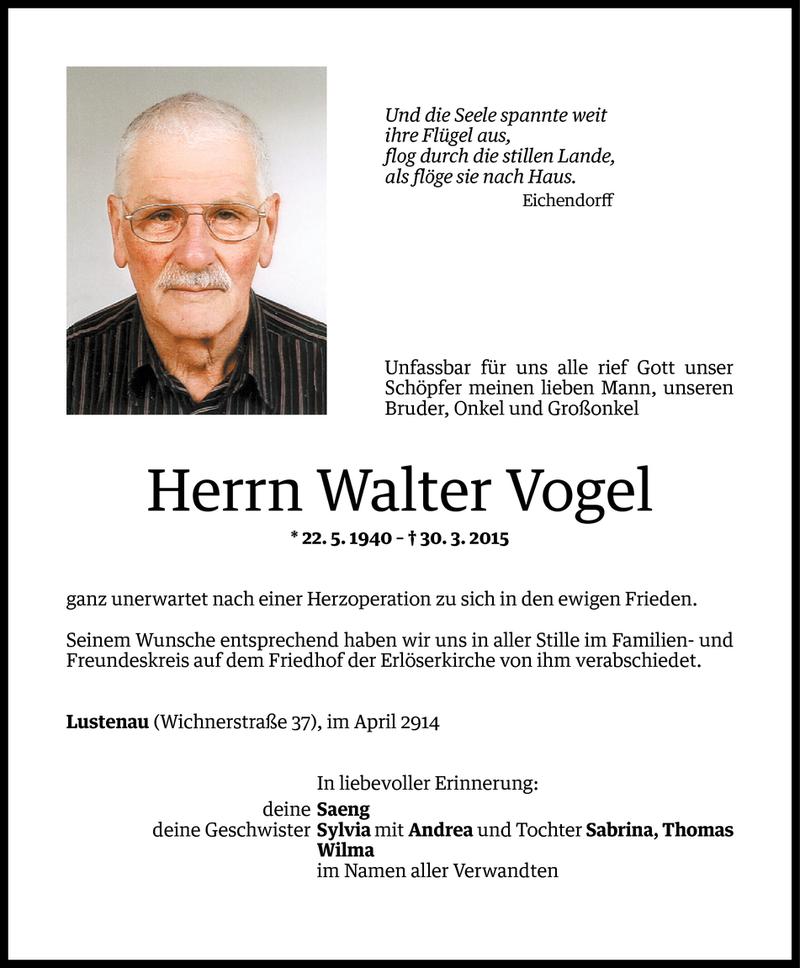  Todesanzeige für Walter Vogel vom 09.04.2015 aus Vorarlberger Nachrichten