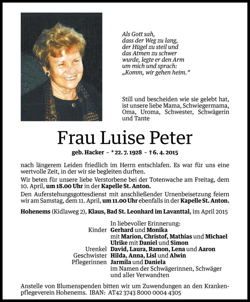  Todesanzeige für Luise Peter vom 09.04.2015 aus Vorarlberger Nachrichten