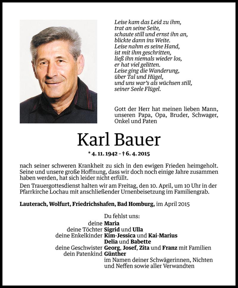  Todesanzeige für Karl Bauer vom 08.04.2015 aus Vorarlberger Nachrichten