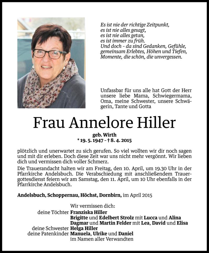  Todesanzeige für Annelore Hiller vom 08.04.2015 aus Vorarlberger Nachrichten