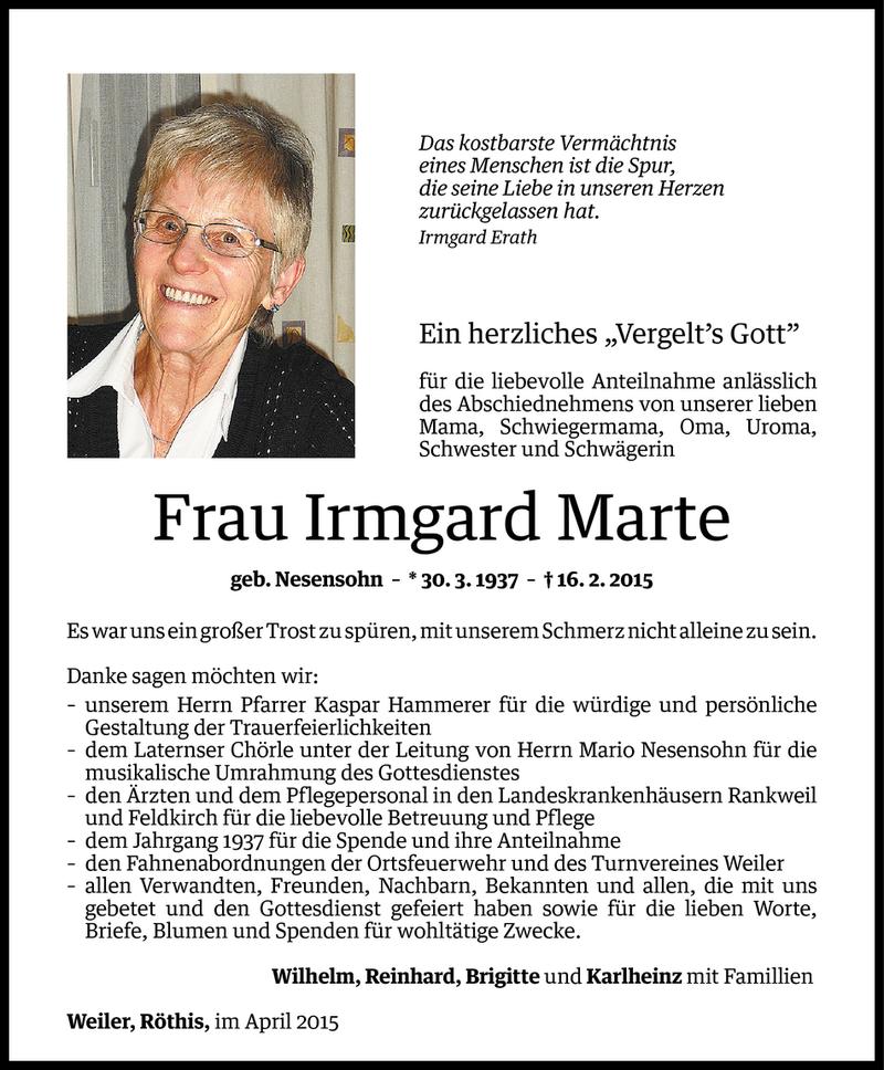  Todesanzeige für Irmgard Marte vom 10.04.2015 aus Vorarlberger Nachrichten