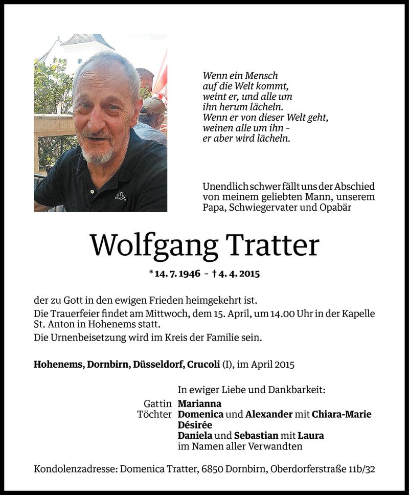  Todesanzeige für Wolfgang Tratter vom 11.04.2015 aus Vorarlberger Nachrichten