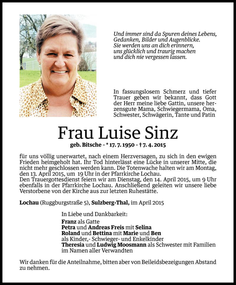  Todesanzeige für Luise Sinz vom 09.04.2015 aus Vorarlberger Nachrichten