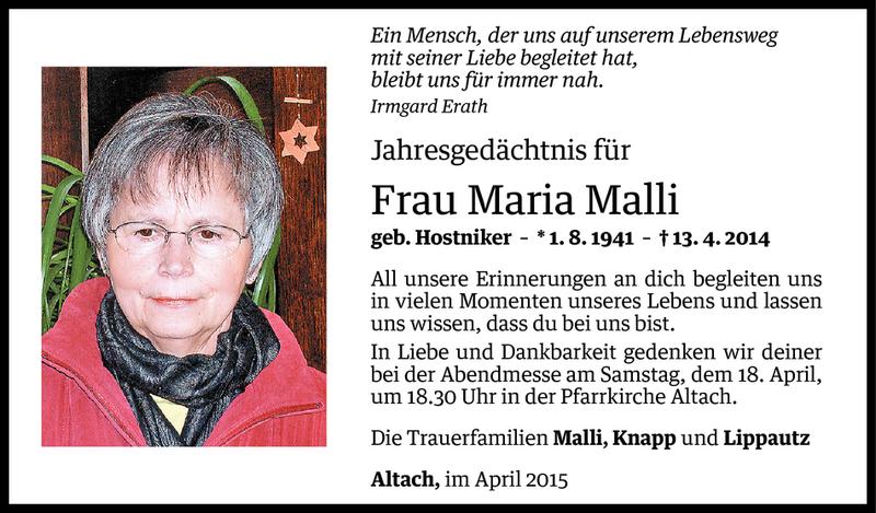  Todesanzeige für Maria Malli vom 13.04.2015 aus Vorarlberger Nachrichten