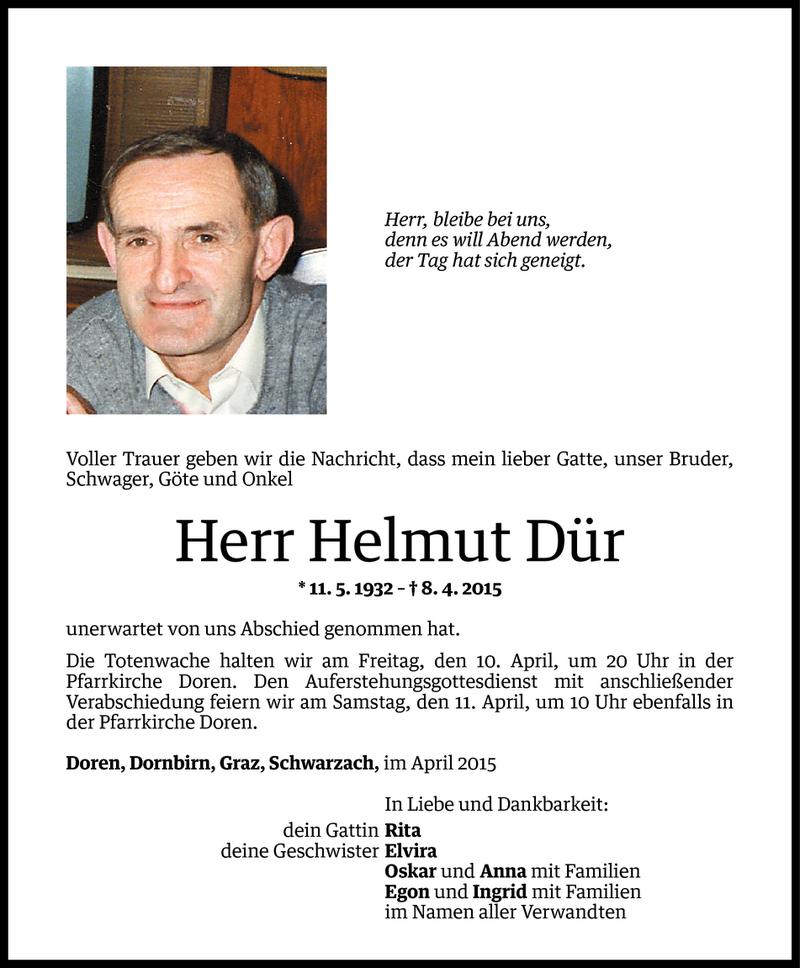  Todesanzeige für Helmut Dür vom 09.04.2015 aus Vorarlberger Nachrichten