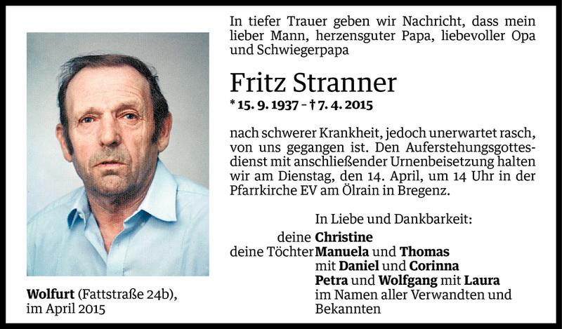  Todesanzeige für Fritz Stranner vom 10.04.2015 aus Vorarlberger Nachrichten