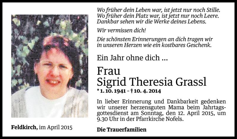  Todesanzeige für Sigrid Theresia Grassl vom 09.04.2015 aus Vorarlberger Nachrichten