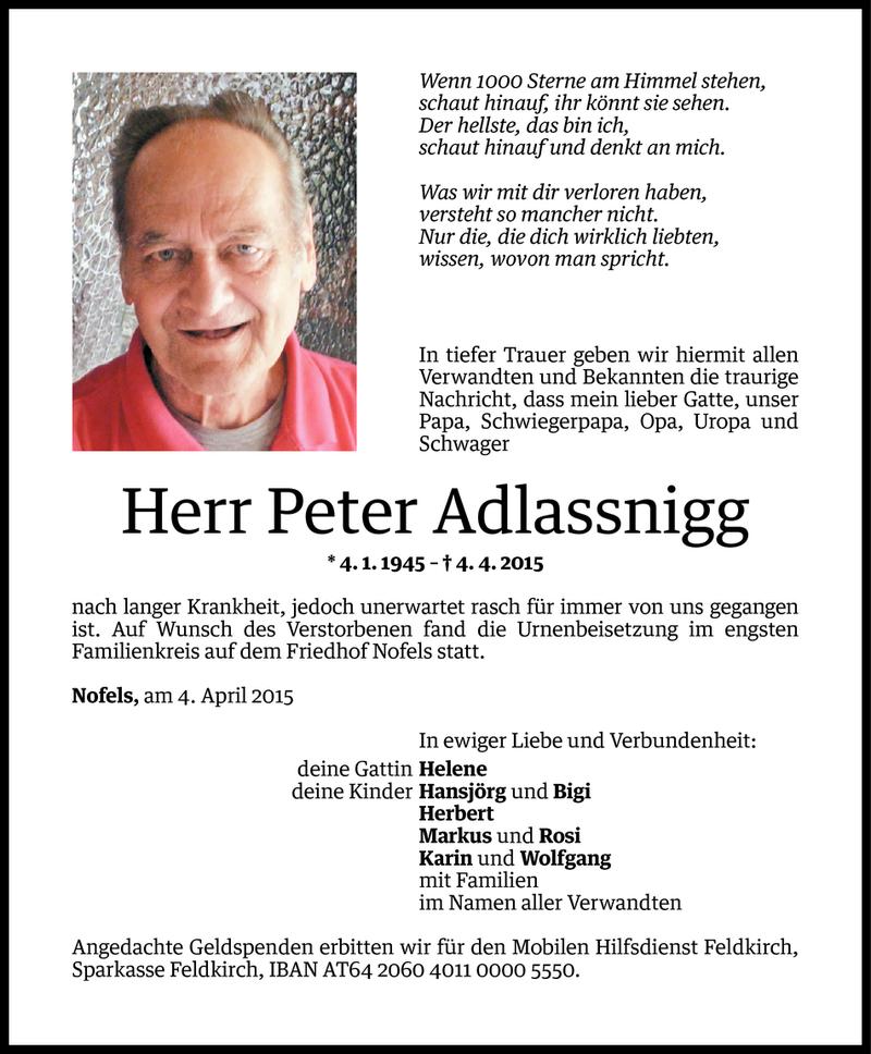  Todesanzeige für Peter Adlassnigg vom 10.04.2015 aus Vorarlberger Nachrichten