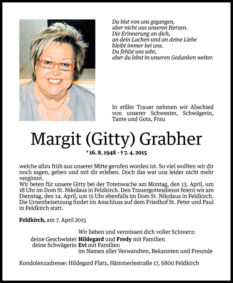  Todesanzeige für Margit Grabher vom 10.04.2015 aus Vorarlberger Nachrichten