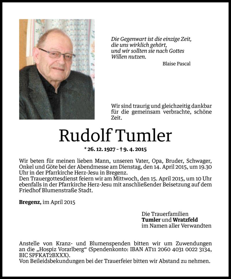  Todesanzeige für Rudolf Tumler vom 10.04.2015 aus Vorarlberger Nachrichten