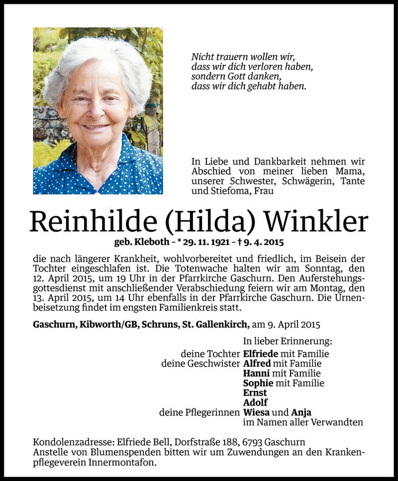  Todesanzeige für Reinhilde Winkler vom 10.04.2015 aus Vorarlberger Nachrichten