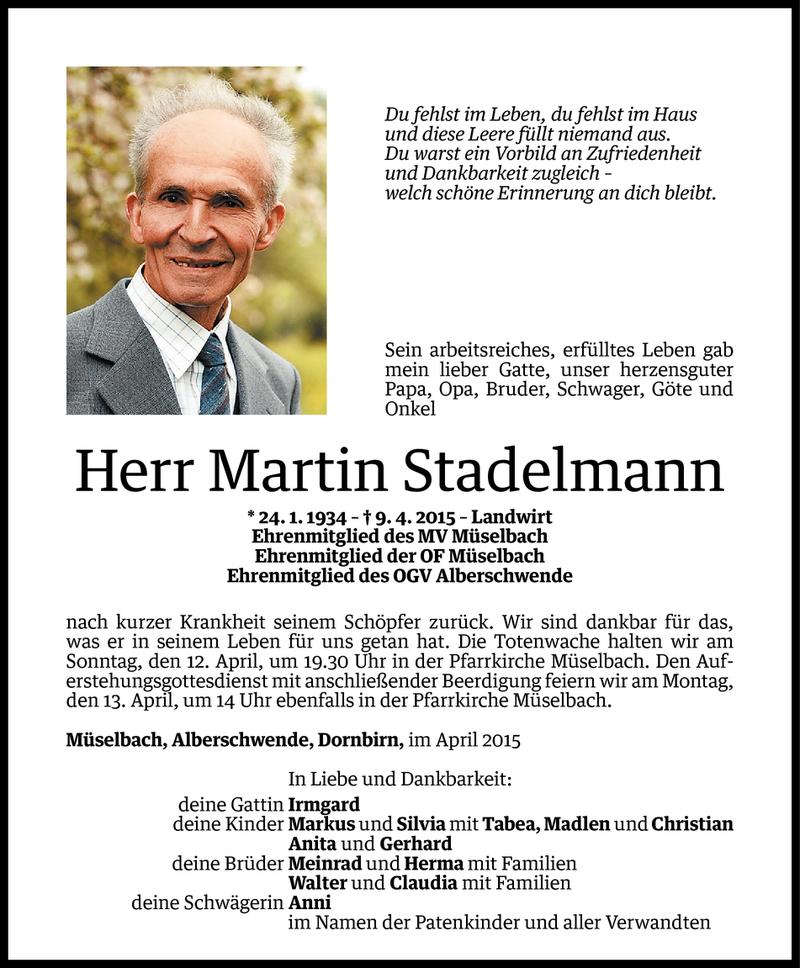  Todesanzeige für Martin Stadelmann vom 10.04.2015 aus Vorarlberger Nachrichten