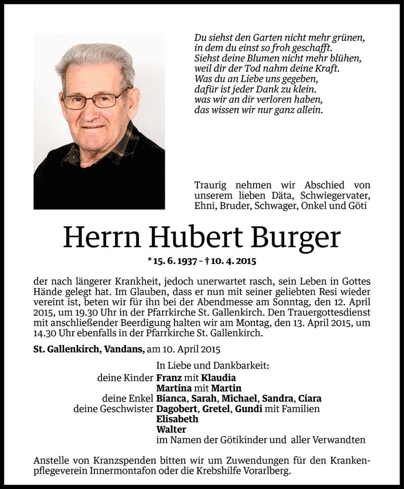  Todesanzeige für Hubert Burger vom 10.04.2015 aus Vorarlberger Nachrichten