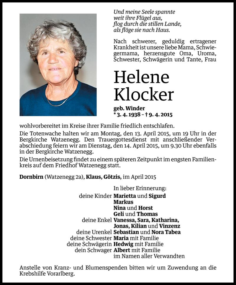  Todesanzeige für Helene Klocker vom 10.04.2015 aus Vorarlberger Nachrichten