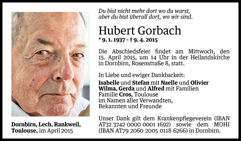  Todesanzeige für Hubert Gorbach vom 10.04.2015 aus Vorarlberger Nachrichten