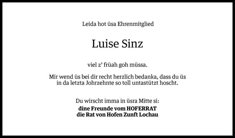  Todesanzeige für Luise Sinz vom 10.04.2015 aus Vorarlberger Nachrichten