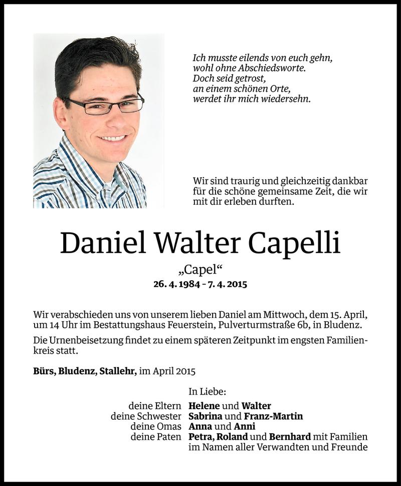  Todesanzeige für Daniel Walter Capelli vom 11.04.2015 aus Vorarlberger Nachrichten