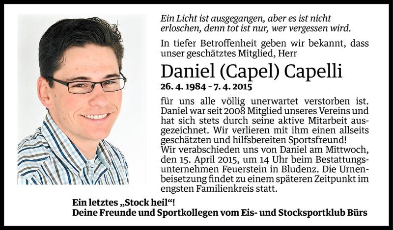  Todesanzeige für Daniel Walter Capelli vom 11.04.2015 aus Vorarlberger Nachrichten