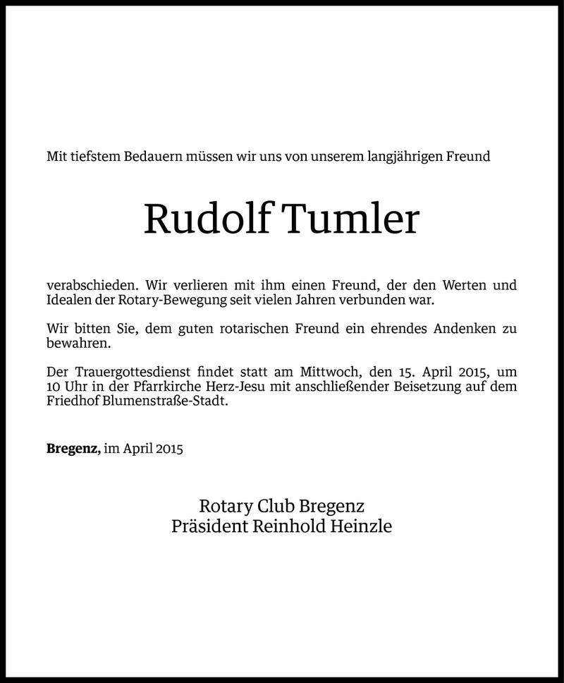  Todesanzeige für Rudolf Tumler vom 12.04.2015 aus Vorarlberger Nachrichten