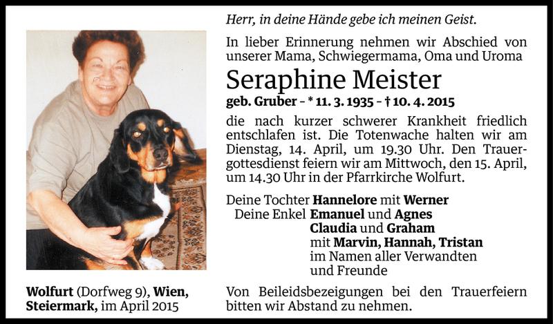  Todesanzeige für Seraphine Meister vom 12.04.2015 aus Vorarlberger Nachrichten