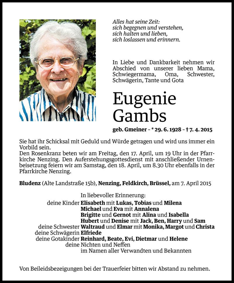  Todesanzeige für Eugenie Gambs vom 13.04.2015 aus Vorarlberger Nachrichten