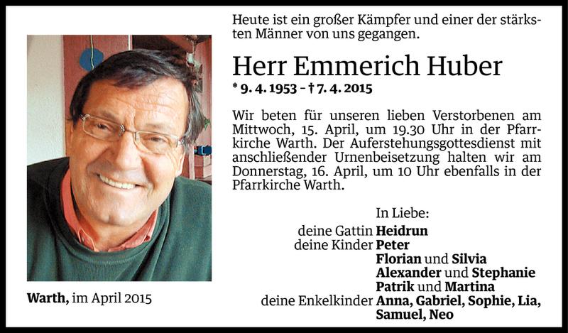  Todesanzeige für Emmerich Huber vom 13.04.2015 aus Vorarlberger Nachrichten