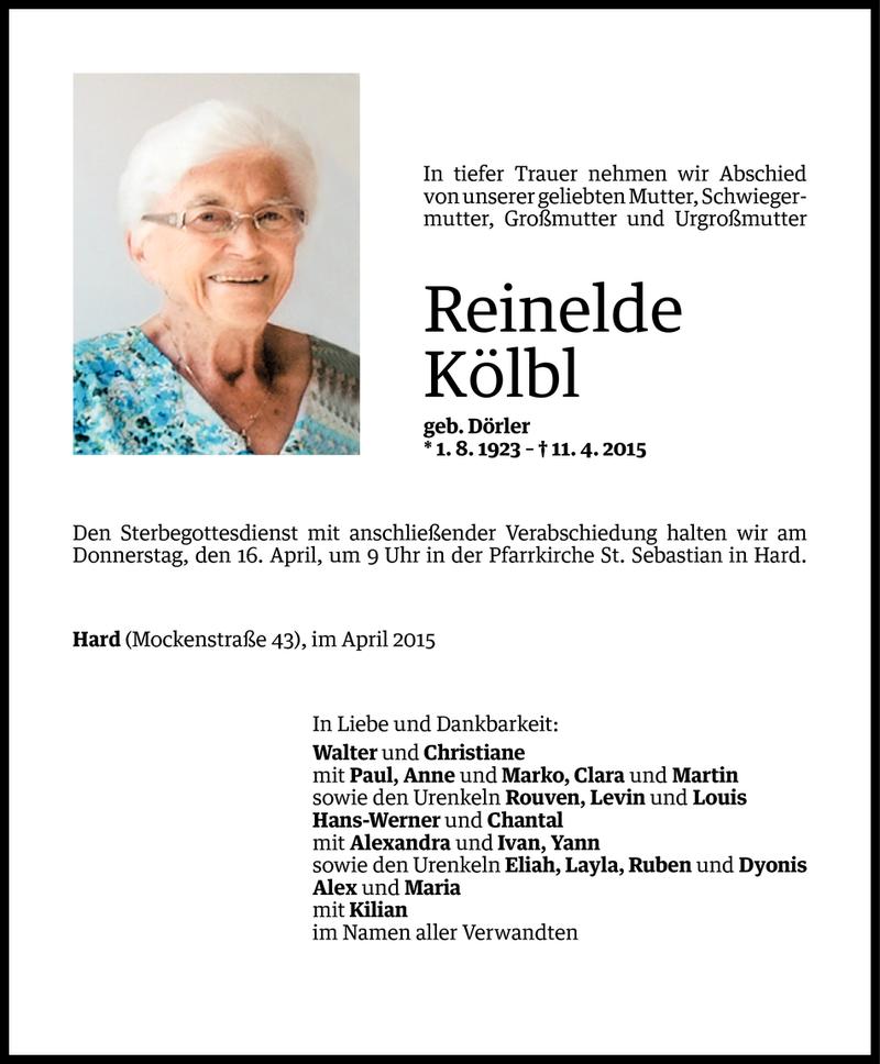  Todesanzeige für Reinelde Kölbl vom 13.04.2015 aus Vorarlberger Nachrichten