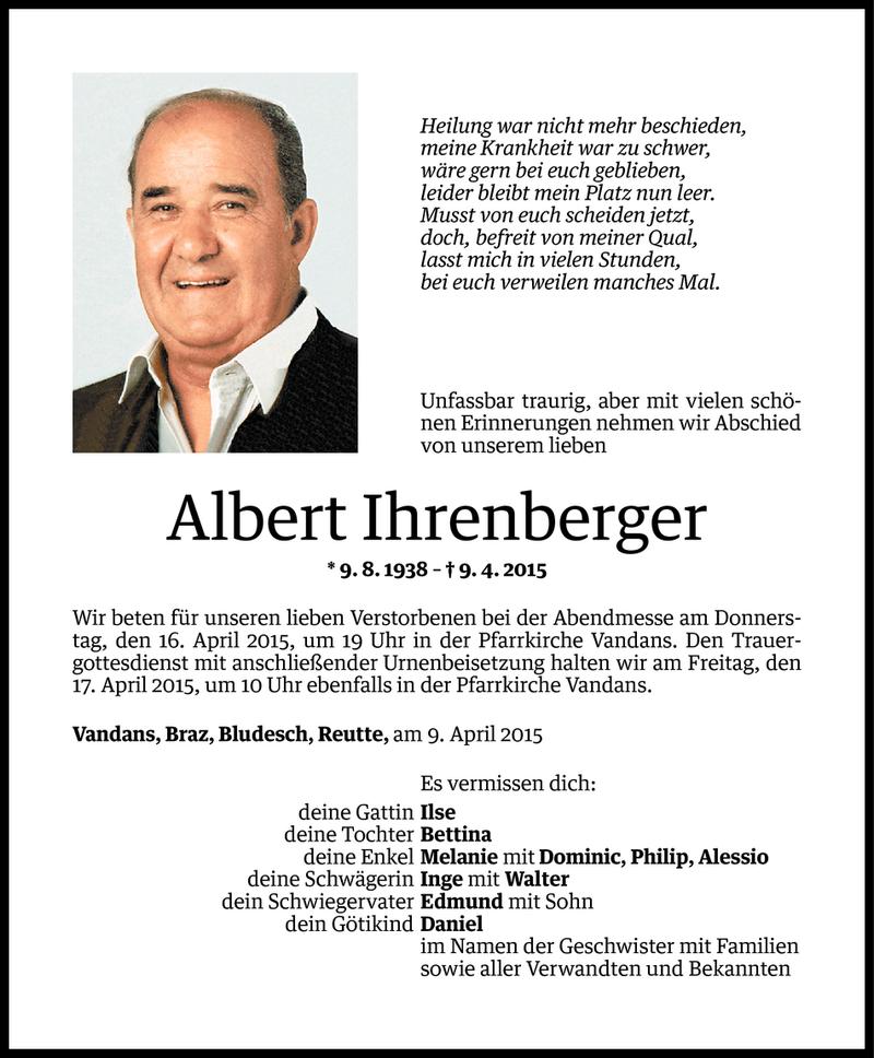  Todesanzeige für Albert Ihrenberger vom 13.04.2015 aus Vorarlberger Nachrichten