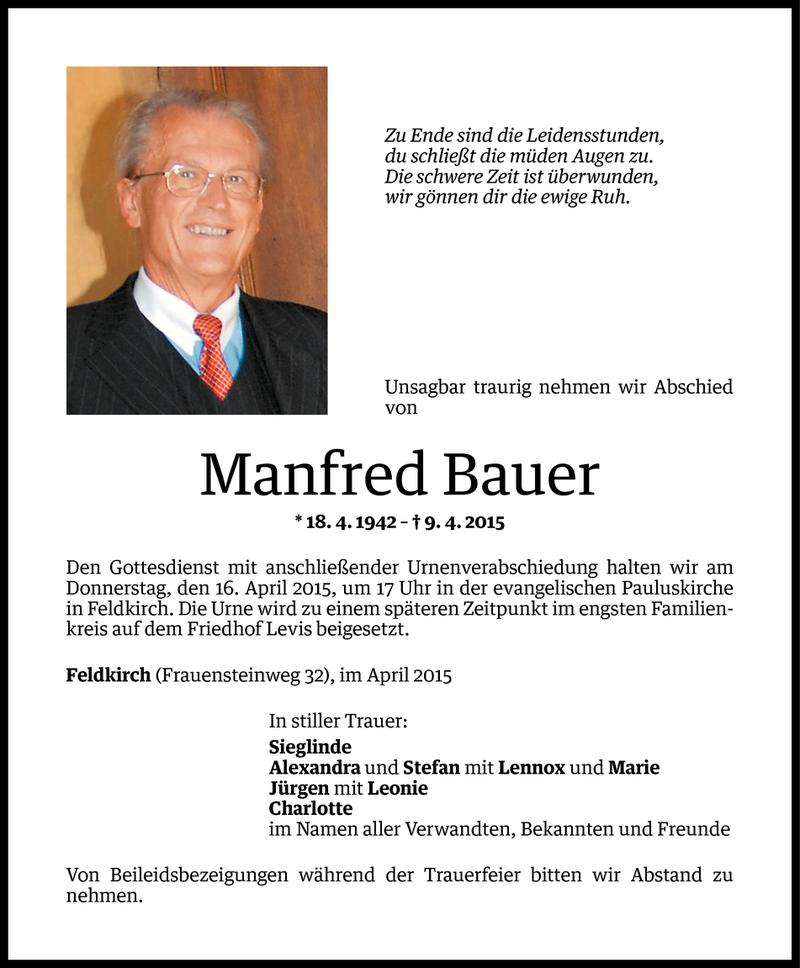  Todesanzeige für Manfred Bauer vom 13.04.2015 aus Vorarlberger Nachrichten
