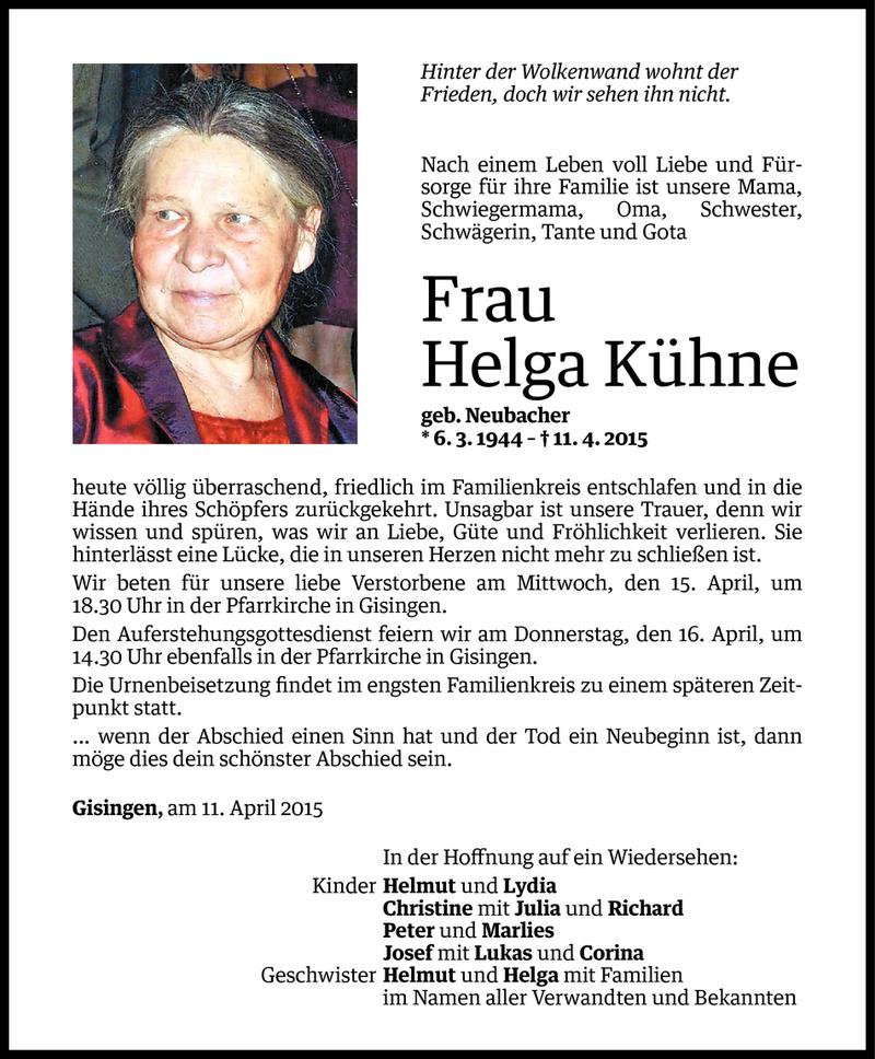  Todesanzeige für Helga Kühne vom 13.04.2015 aus Vorarlberger Nachrichten