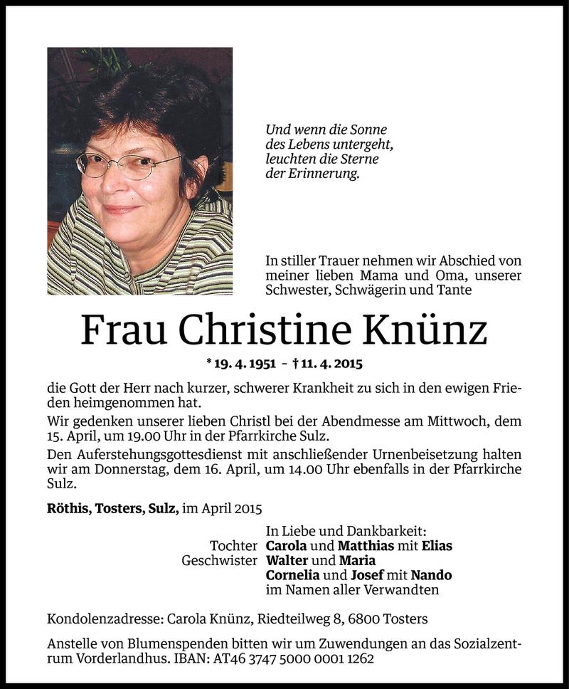  Todesanzeige für Christine Knünz vom 14.04.2015 aus Vorarlberger Nachrichten