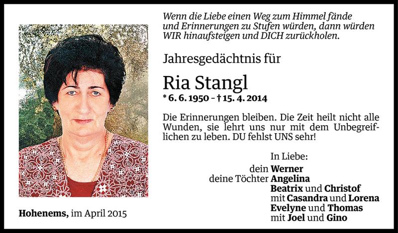  Todesanzeige für Maria Stangl vom 14.04.2015 aus Vorarlberger Nachrichten